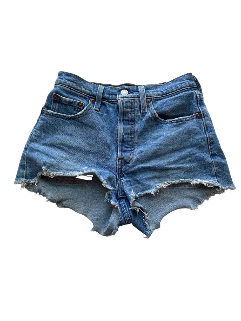 Women's Levis 501 Original High Rise Distressed Hem Cut Off Shorts - Picture 3 of 16